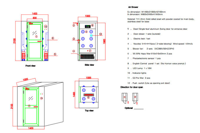 حمام های هوای اتاق تمیز عمودی با کنترل درهای چرخشی آلومینیومی توسط صفحه کنترل IC 0